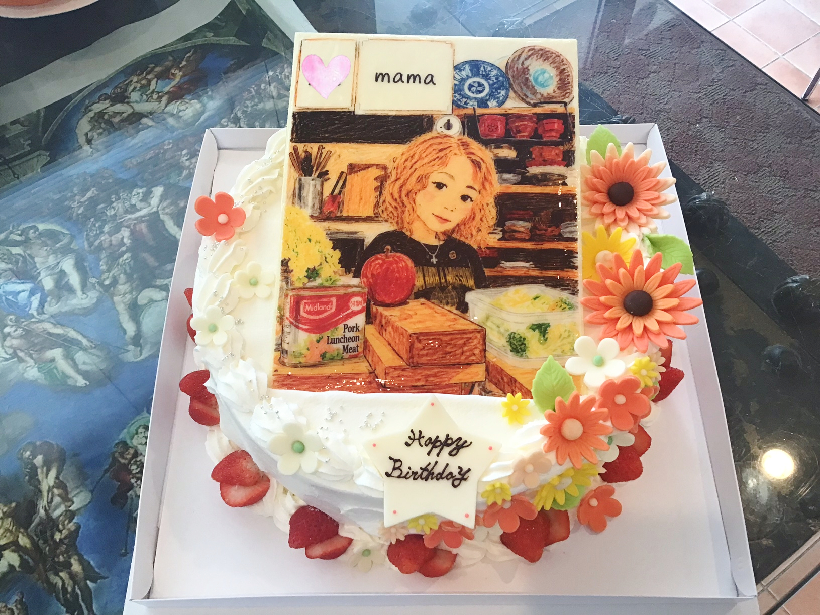 香川県ケーキ　高松市ケーキ　パティスリーグレース　バースデーケーキ　ママイラストケーキ　お客様の作画　プリントケーキ　　